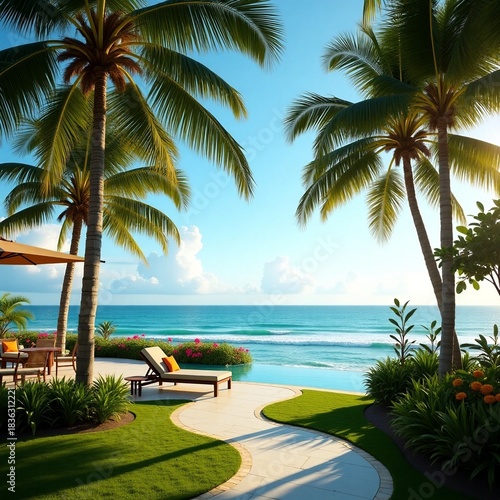 Luxury Tropical Villa Garden Overlooking Turquoise Ocean