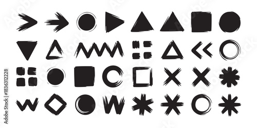 Set of 49 unique hand-drawn shapes and arrows. Abstract grunge ink brush strokes, design elements isolated on white background