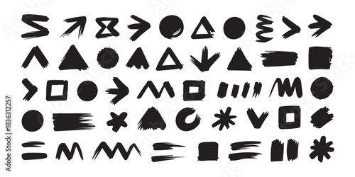 Set of 49 hand-drawn shapes and arrows. Abstract scribble brush strokes, grunge ink design elements isolated on white background