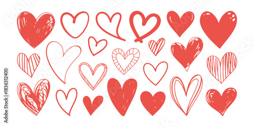 Red hand drawn doodle heart shapes set artistic scribble heart collection brush drawn symbol of love