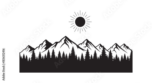 Black silhouette of mountains pine trees and sun forest