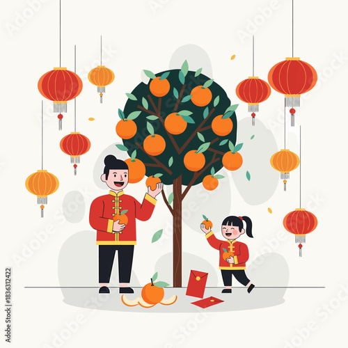 A father and daughter celebrating Chinese New Year, picking oranges from a tree with lanterns and red envelopes.