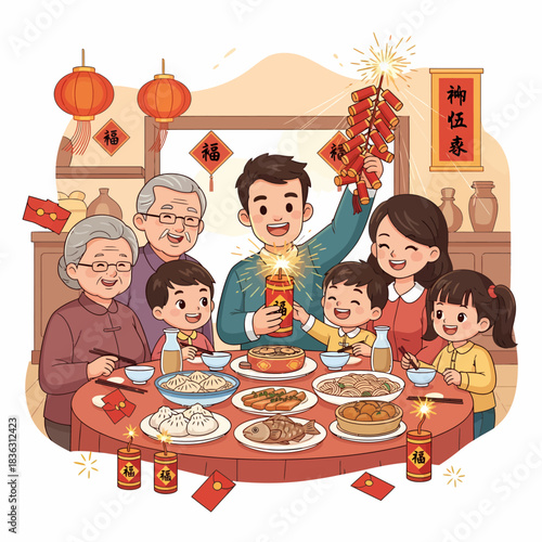 A joyful multi-generational Asian family celebrates Chinese New Year with a festive dinner, firecrackers, and sparklers.