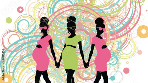 Three stylish pregnant women in silhouette holding hands against a vibrant, abstract background, celebrating motherhood and friendship.