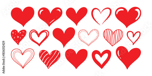 Red hand drawn doodle heart shapes set abstract scribble heart collection brush drawn symbol of love