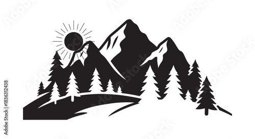 Black silhouette of sun mountains and pine trees white