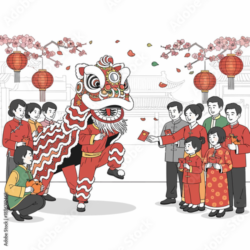 A vibrant Chinese New Year celebration with a traditional lion dance performance, families exchanging red envelopes, and festive decorations.