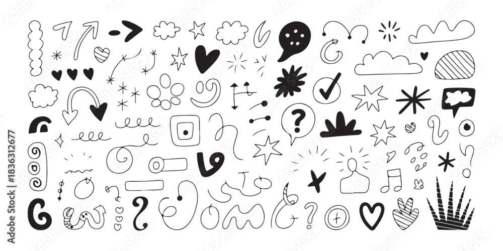 Obraz premium Set of hand-drawn vector doodle elements including arrows, frames, and speech bubbles, isolated on white background