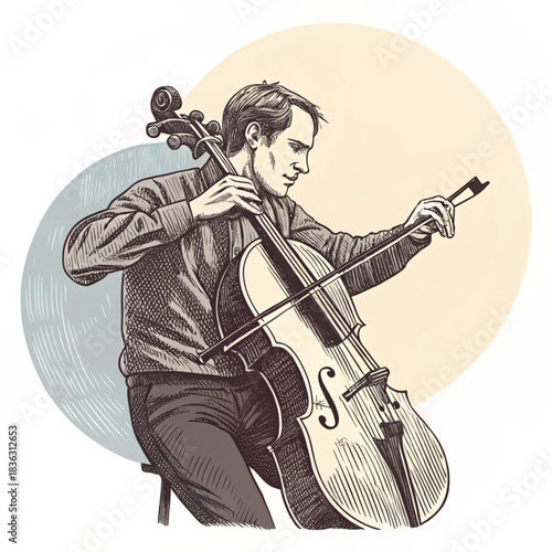 Passionate male cellist performs classical music with expressive artistry, showcasing the beauty of string instruments in a stylized, hand-drawn illustration