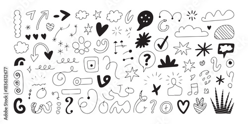 Set of hand-drawn vector doodle elements including arrows, frames, and speech bubbles, isolated on white background