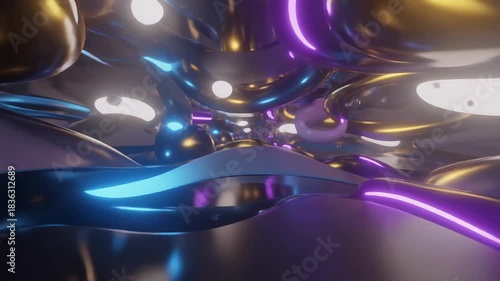Abstract 3d render of shiny metallic shapes and torus in tunnel