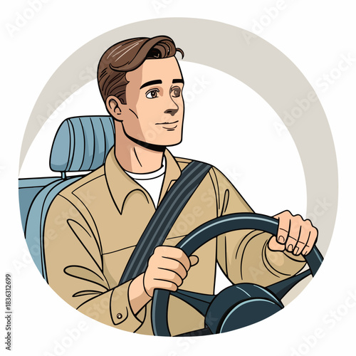 Illustration of a confident man driving a car with a seatbelt on, looking ahead with a clear view