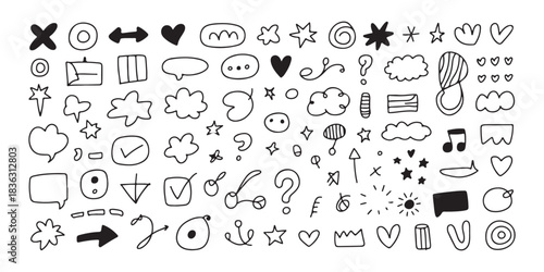Set of various doodle hand drawn design elements arrows hearts stars speech bubbles and question marks lines
