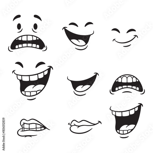 Cartoon mouth expressions and happy faces vector graphics set