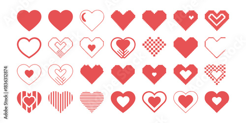 Pixel art heart collection for social media posts, red love signs, digital like icons, video game graphic elements