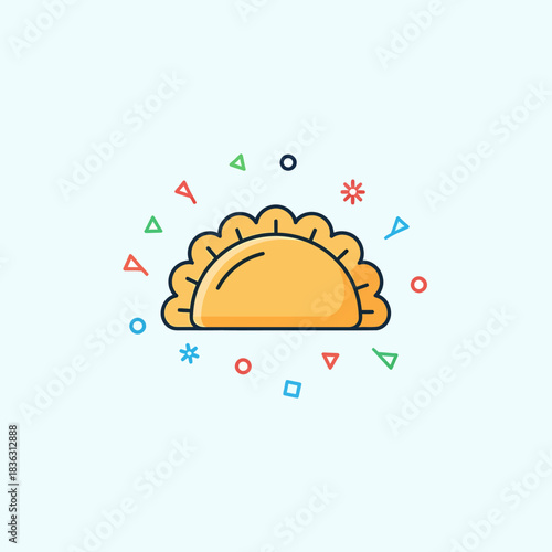 A cartoon illustration of a golden empanada or dumpling with a crimped edge, surrounded by colorful geometric confetti on a light blue background.