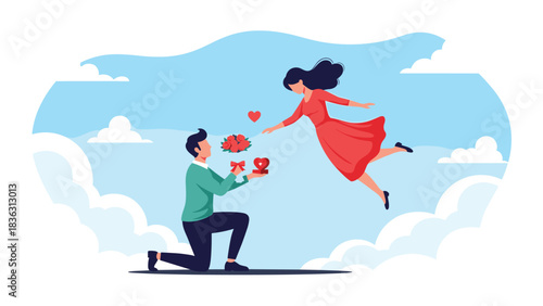 Romantic man kneeling on a cloud to propose to his floating girlfriend with a ring and flowers in a dreamy sky setting.