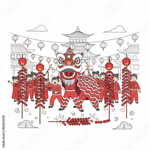 Vibrant Chinese New Year celebration with a traditional lion dance performance, firecrackers, and festive lanterns in front of ancient buildings.