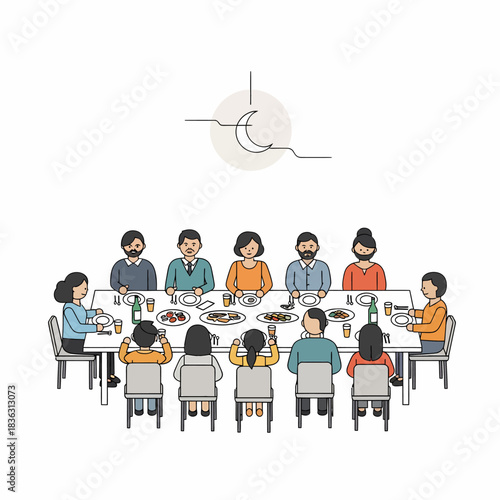 A diverse group of people, including adults and children, sharing an evening meal around a large dining table, with food and drinks, under a crescent moon symbol.
