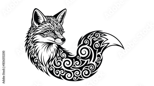 Intricate black and white illustration of a fox with its fur and tail designed with detailed ornamental swirls and tribal patterns.