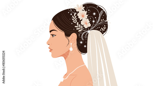 Elegant profile portrait of a beautiful young bride with a graceful updo, floral hair accessories, and a delicate wedding veil.