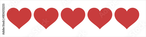 Set of five heart shapes on white background, simple flat style love icons, basic red symbols, minimal design