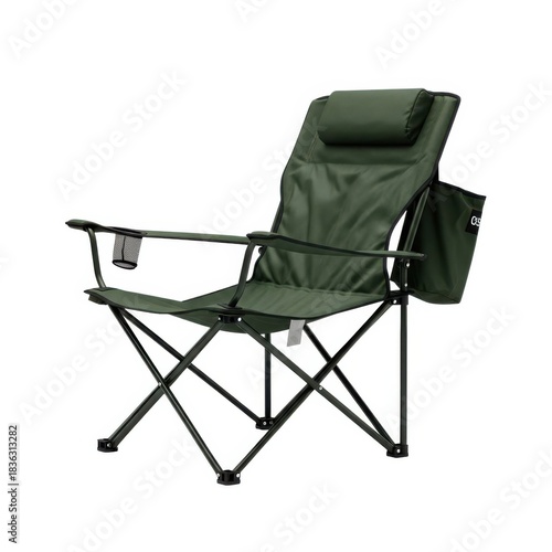 Comfortable folding camping chair with headrest and side pocket isolated on white background