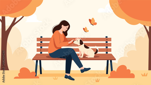 Young woman relaxing on a park bench and affectionately petting her cute dog during a peaceful and warm autumn day.