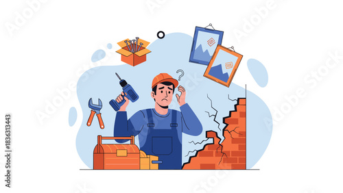 Confused handyman in a hard hat holding a drill, scratching his head while looking at a cracked wall needing major repairs.