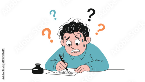 Anxious and sweaty man experiencing writer's block or exam stress, surrounded by question marks while trying to write on paper.