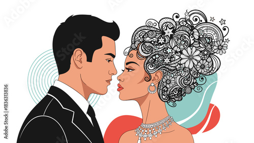 Romantic portrait of an elegant couple about to kiss, with the woman featuring an incredibly intricate, artistic doodle hairstyle.