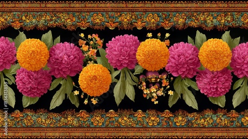 Seamless repeating pattern featuring traditional Indian floral garlands (marigold, jasmine) and geometric Mandala art elements.