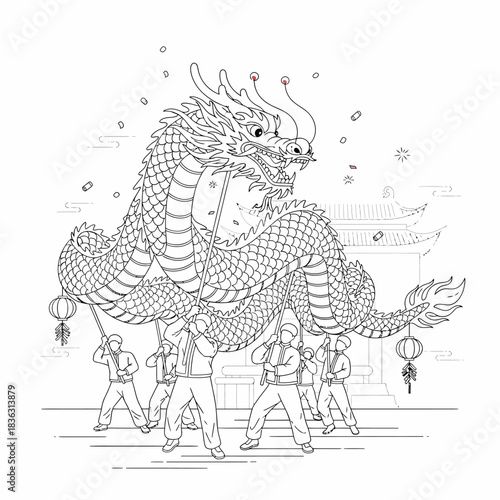 Detailed line art illustration of a Chinese dragon dance performance with performers and traditional architecture in the background.