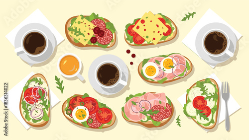 Top view illustration of a delicious breakfast or lunch spread with various open-faced sandwiches, fresh toppings, and black coffee.