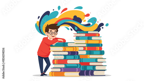 Young boy with glasses leaning on a tall stack of books, with a colorful splash of imagination flowing out from the pages.