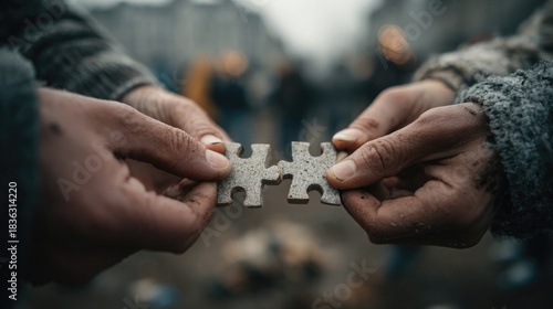Hands holding a puzzle piece, symbolizing teamwork, unity, and connection.