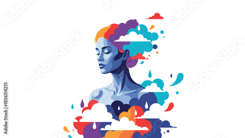 Artistic portrait of a woman with closed eyes, surrounded by colorful abstract clouds and shapes, symbolizing mental health.