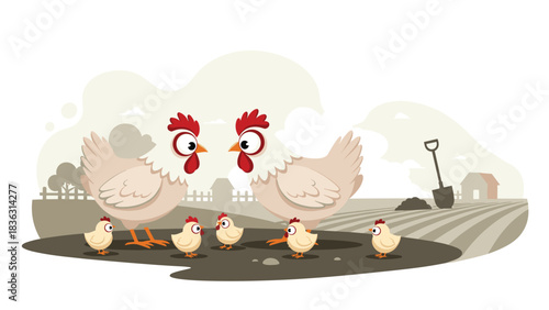 A charming cartoon of a chicken family with two hens and five cute chicks exploring the grounds on a country farm.