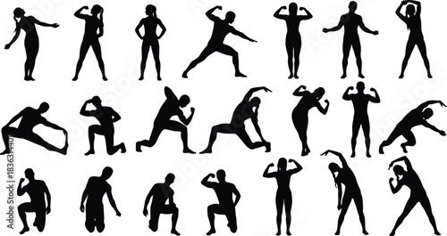 Dynamic human silhouettes, body movement, exercise pose, dance gesture, flexing figure, stretching motion, squatting stance, posture icon, anatomy study, motion grid, expressive form, fitness