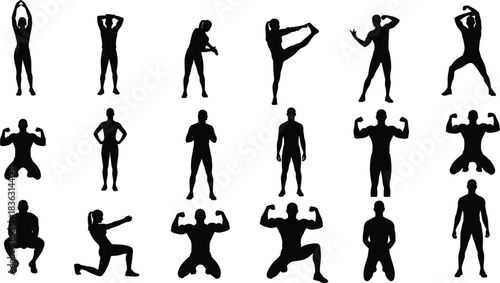 Dynamic human silhouettes, body movement, physical pose, gesture variety, fitness icon, martial arts stance, stretching motion, squatting figure, anatomy study, expressive posture,
