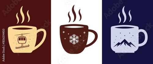 Winter hot drink mug icon set. Holiday drink mugs vector. Cozy coffee and tea cup vector set with snowflake, mountain and ski lift elements. Winter warm drinks vector illustration.