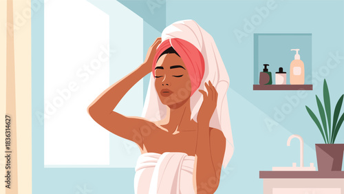 Beautiful young woman wrapped in towels after a shower, enjoying a self-care beauty routine in a sunlit bathroom at home.