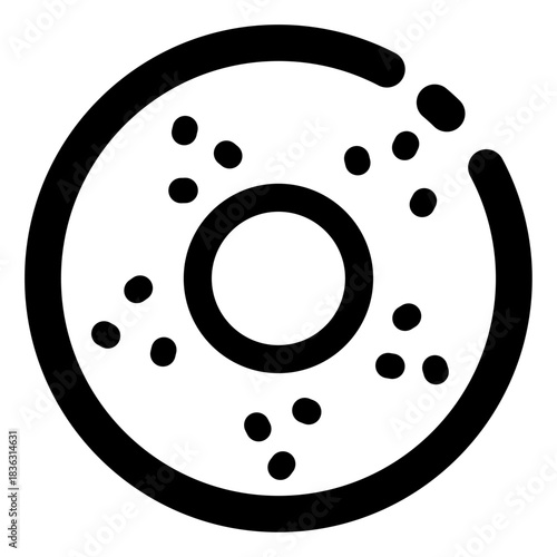 A clean bold-line donut icon featuring a circular shape with icing details and sprinkled toppings. Ideal for bakery menus, dessert shop branding, food illustrations, sweet-themed graphics, and cafe pr