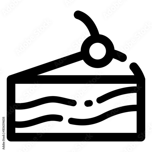 A clean, bold-line slice of cake icon featuring layered filling, smooth icing detail, and a cherry garnish on top. Ideal for bakery menus, dessert branding, pastry shop graphics, cafe signage, and foo
