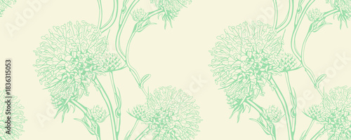 Elegant pastel green floral pattern.  Delicate line art dandelion design, perfect for wallpaper, textiles, or website backgrounds.  Subtle and sophisticated, evokes feelings of serenity and spring.