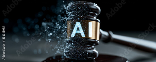 Digitally enhanced gavel with glowing 'ai' letters, representing artificial intelligence in law, against dark background.