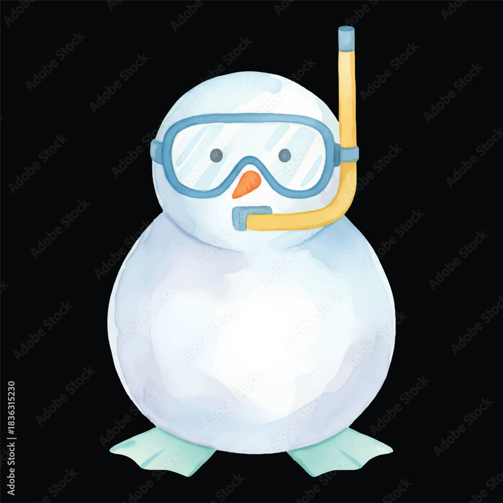 Obraz premium Cute Snowman Diver Watercolor, Isolated on Black Background, Vector Illustration 