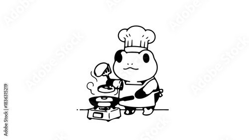 Adorable Chef Frog Character Flipping Pancakes on a Stove, Cute Cartoon Cooking Concept