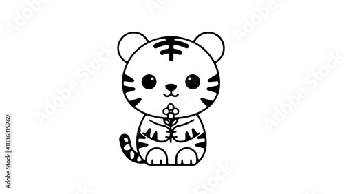 Cute Cartoon Tiger Character Holding a Blue Flower, Adorable Animal Mascot