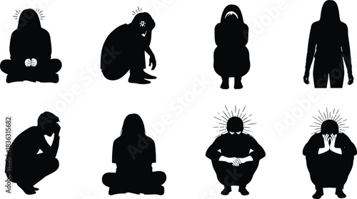 Emotional distress silhouettes, mental health pose, anxiety posture, stress icon, seated figure, crouched gesture, psychological tension, expressive silhouette, burnou